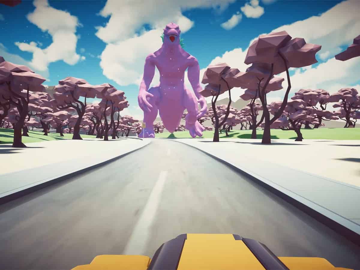 Man sieht eine animierte Landschaft links und rechts sind pinke Bäume. Man fährt auf einer Straße direkt auf Godzzila zu